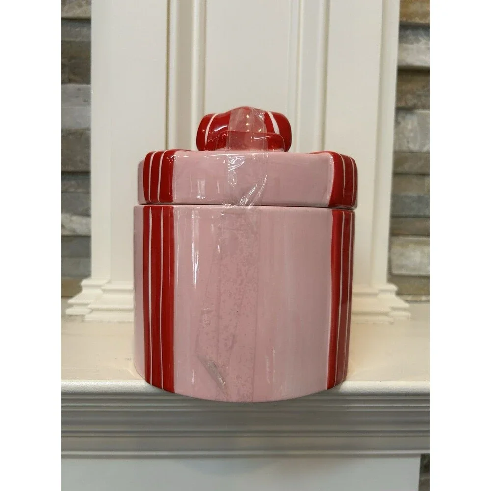 Ashland Berry Jolly Christmas Ceramic Canister With Lid Pink Red Striped 6x6”